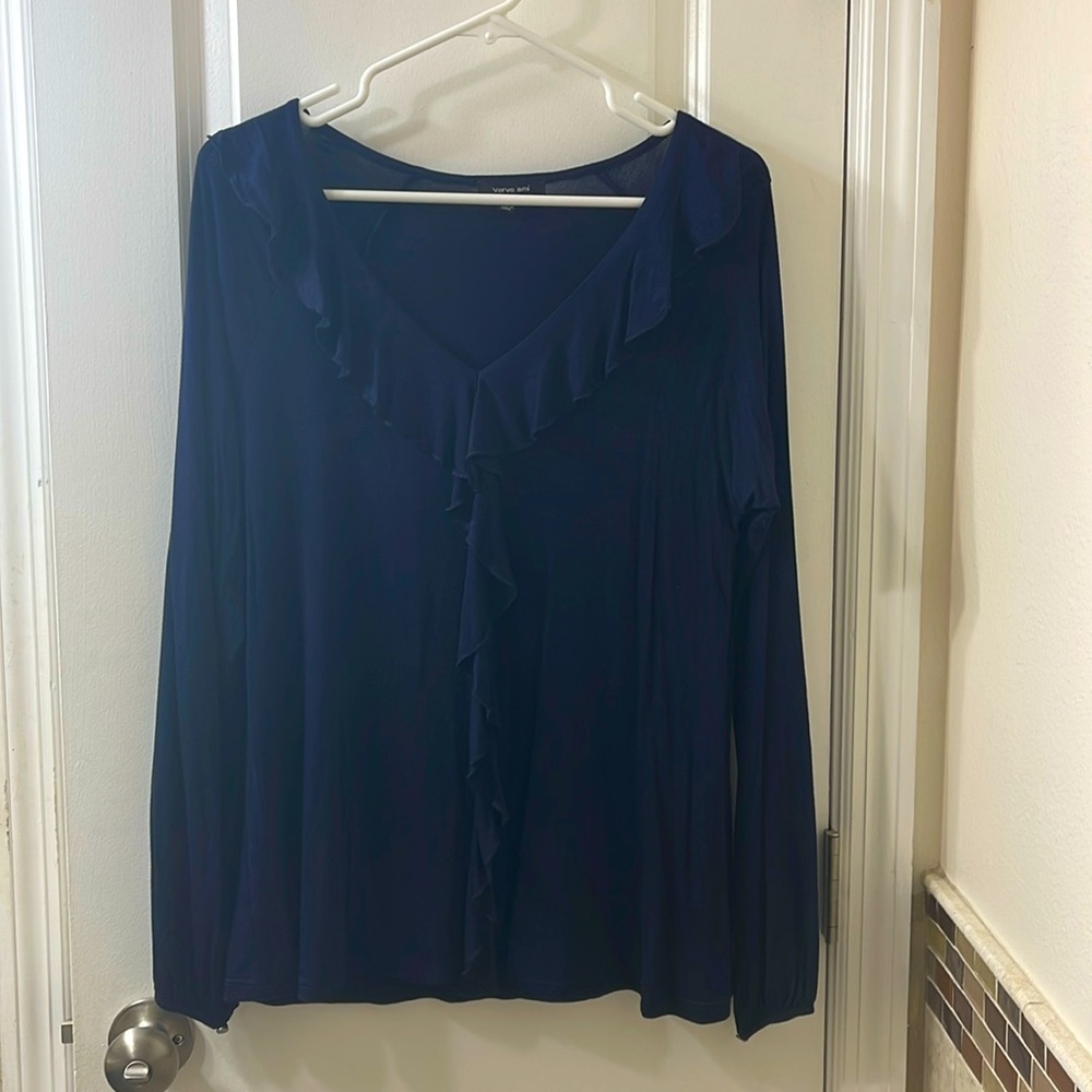 NWOT long sleeved Verve Ami top. Navy blue with flowy front detail. Size M.
